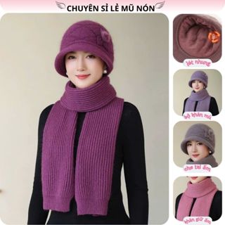  Bộ mũ len khăn quàng cổ lót lông nhung đính nơ cho nữ quà tặng cao cấp cho phụ nữ trung niên người lớn tuổi mùa đông 