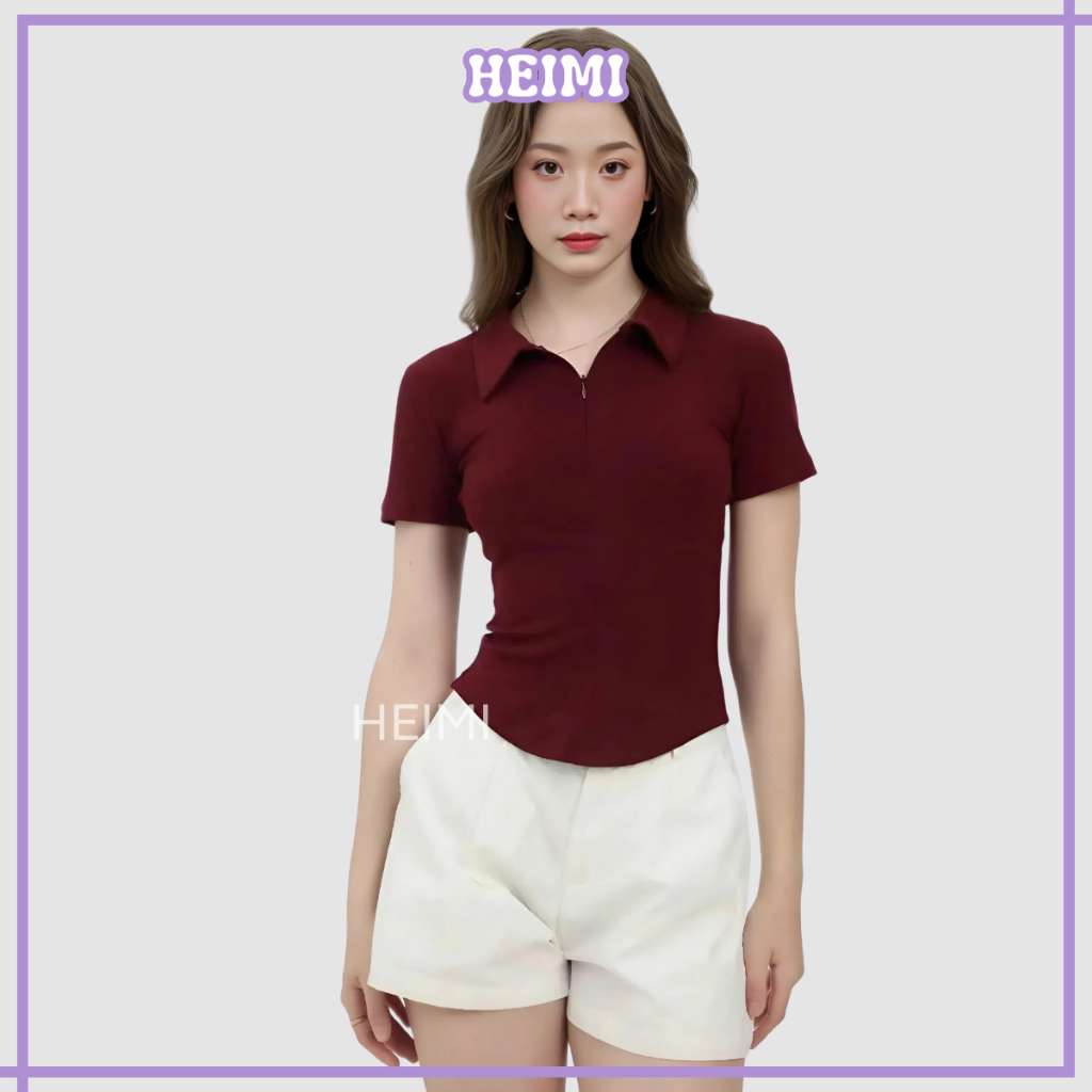 Áo Thun Nữ Cổ Bẻ Phối Dây Kéo Form Ôm Chất Vải Cotton Mịn Co Giãn HEIMI | BigBuy360 - bigbuy360.vn