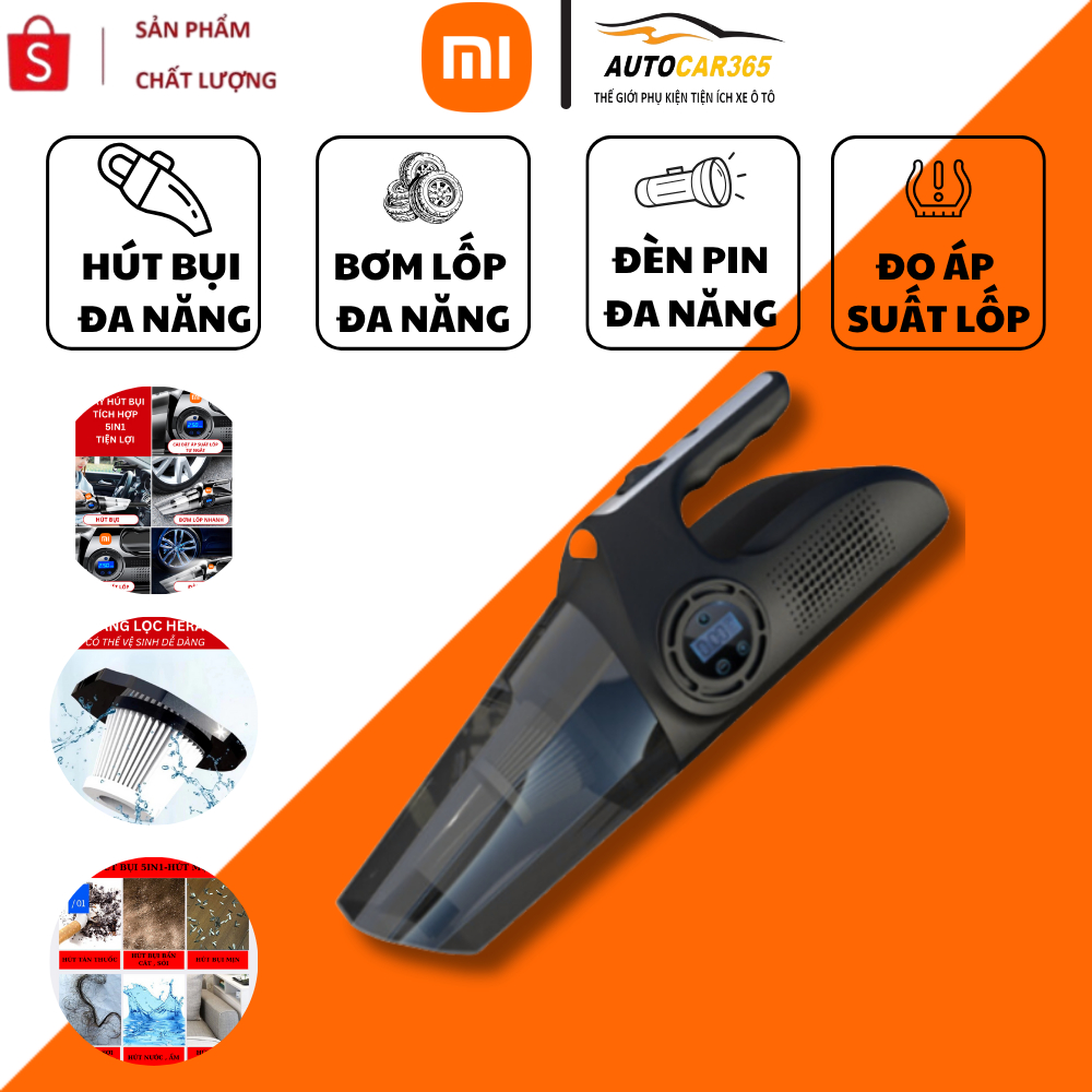 Máy Hút Bụi Ô Tô Xiaomi 5in1 DC12V – Hút Bụi Cầm Tay, Bơm Lốp, Đo Áp Suất, Đèn Pin, BH 12 Tháng
