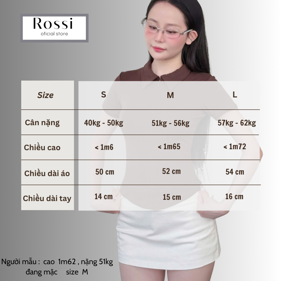 Áo thun nữ cổ bẻ phối dây kéo ROSSI , áo polo nữ ôm dáng vải cotton mịn, áo thun babytee cổ bẻ | BigBuy360 - bigbuy360.vn