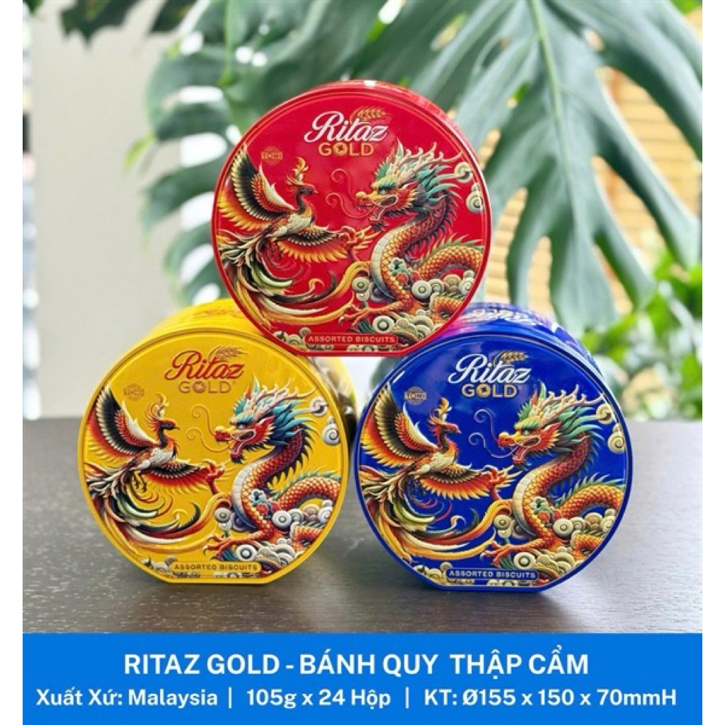 Bánh quy Ritaz Gold 105g hộp thiếc hình rồng các màu 2024