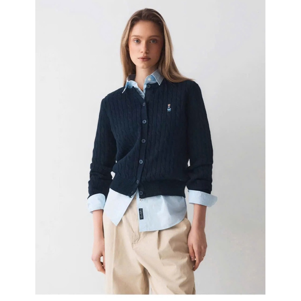 Áo Cardigan Nữ WHOAU thêu hình gấu len vặn thừng