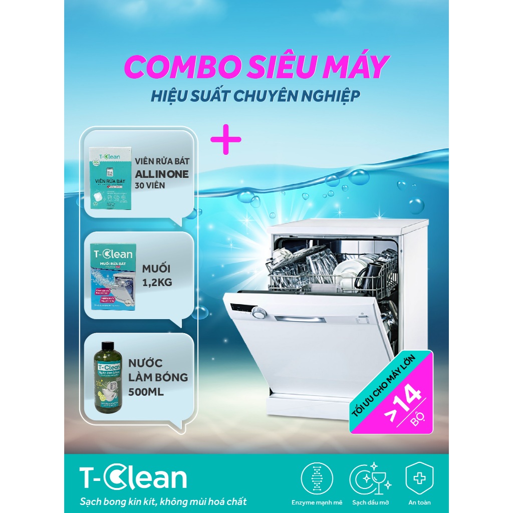 Combo Viên Rửa Chén all in one (30V) + Muối Rửa Bát 1.2kg  + Nước Làm Bóng T-Clean 500ml