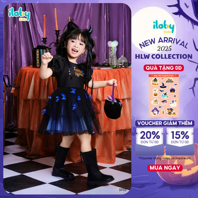 Váy hóa trang Halloween bé gái ILABY dáng xòe công chúa phối voan đính họa tiết bướm dễ thương [3703]