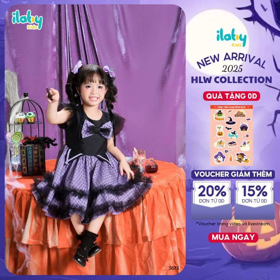 Váy Halloween cho bé gái ILABY váy hóa trang bé gái thiết kế dáng bồng nhẹ nơ ngực phối voan [3673]