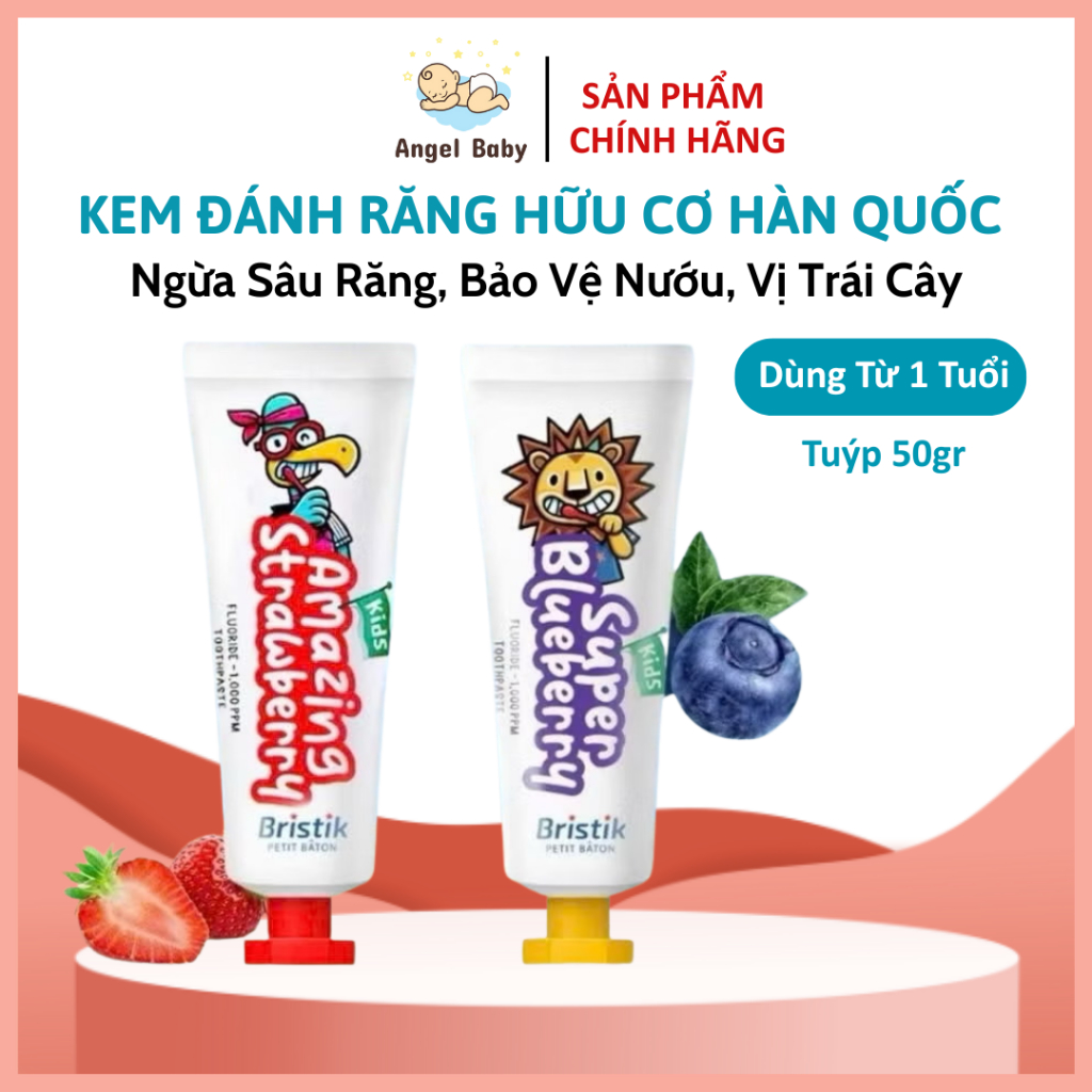 [Chính Hãng] Kem đánh răng trẻ em Bristik hữu cơ 50gr, vị trái cây, ngừa sâu răng cho bé từ 1 tuổi