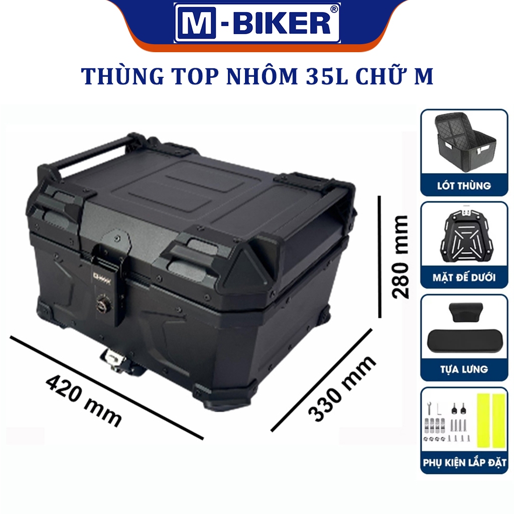 M-Biker | Thùng top nhôm dung tích 35L, Thùng nhôm 35L gắn sau xe máy, xe motor