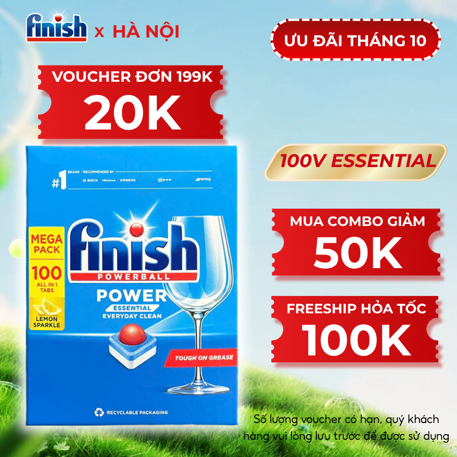 Viên rửa bát Finish Essential 100 viên hương chanh nhập khẩu Đức