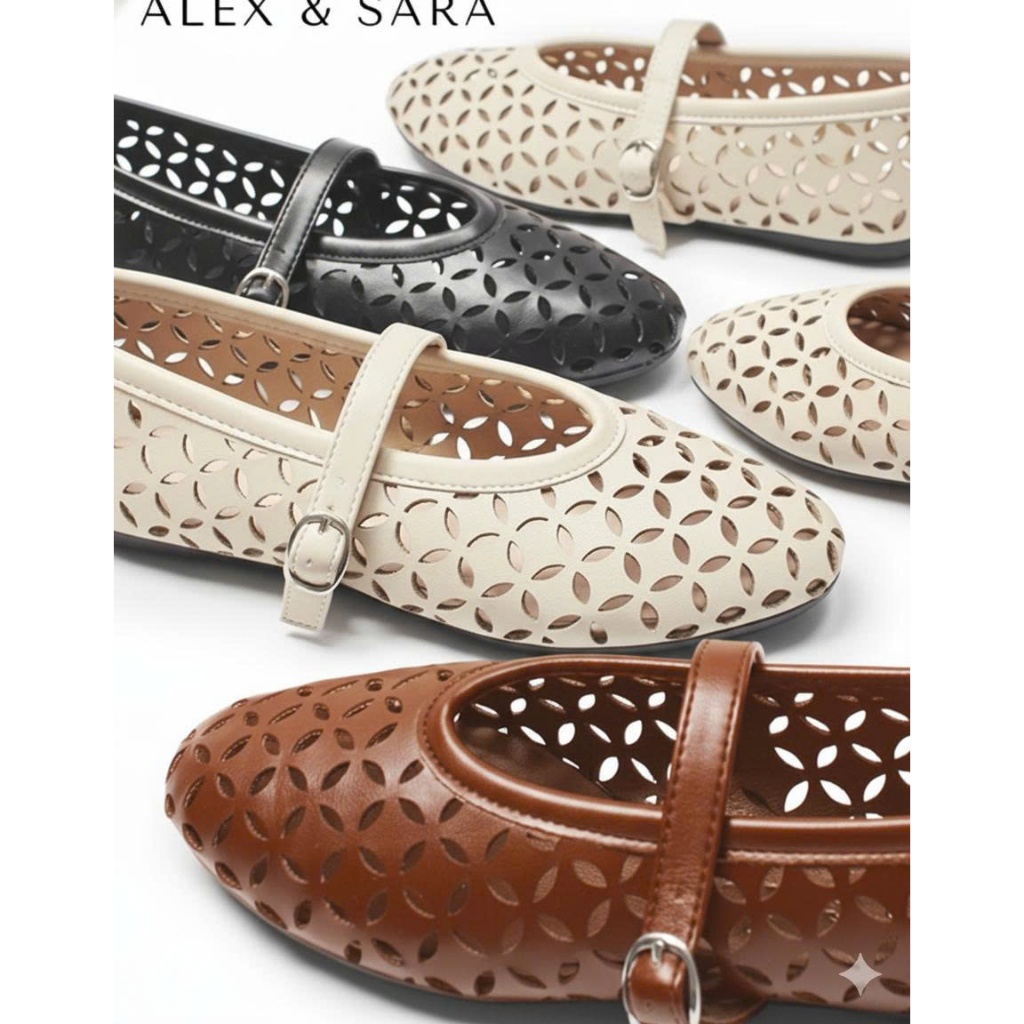 BB01 - Giày búp bê nữ Alex & Sara đế bệt dẻo mũi tròn chất da mềm thiết kế khắc lazer thời trang | BigBuy360 - bigbuy360.vn