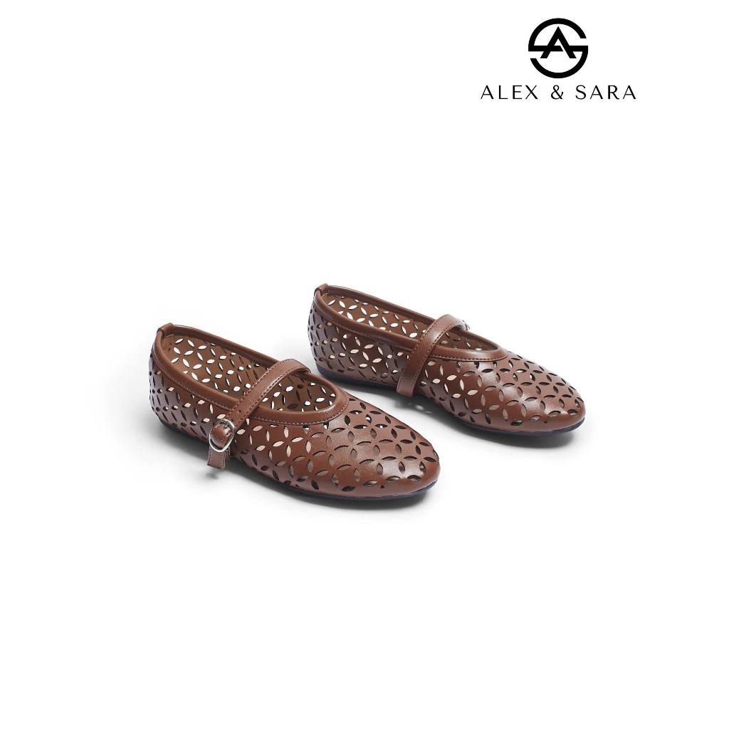 BB01 - Giày búp bê nữ Alex & Sara đế bệt dẻo mũi tròn chất da mềm thiết kế khắc lazer thời trang | BigBuy360 - bigbuy360.vn