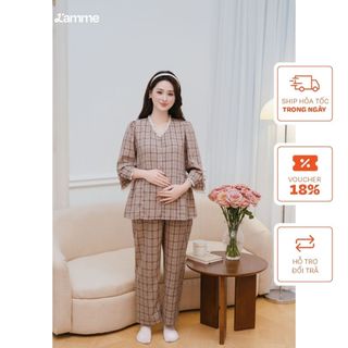 Bộ đồ ngủ mặc nhà Dana họa tiết kẻ caro trẻ trung, chất liệu thô đũi mềm mại cổ viền ren phối tay lửng tinh tế BY L'AMME