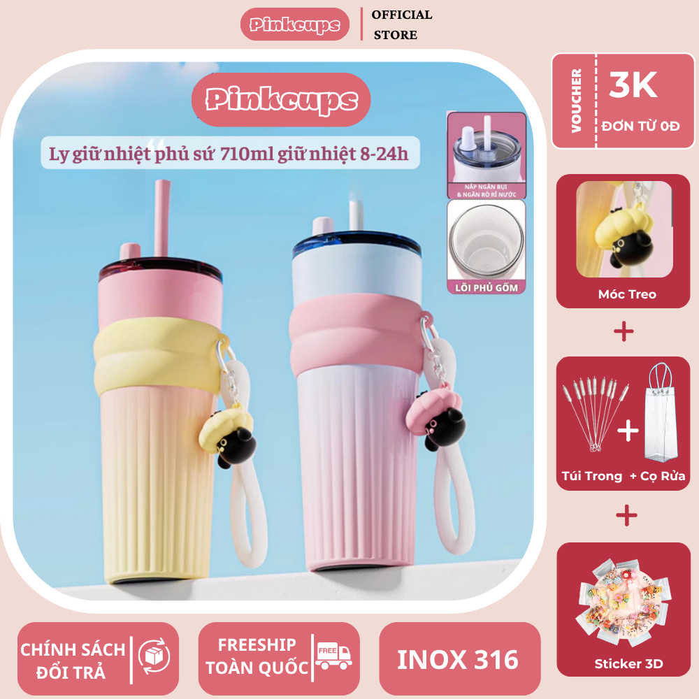 Ly giữ nhiệt Candy V2 Pinkcups cao cấp, Bình nước giữ nhiệt inox 316 có ống hút dung tích 710ML PC64 | BigBuy360 - bigbuy360.vn