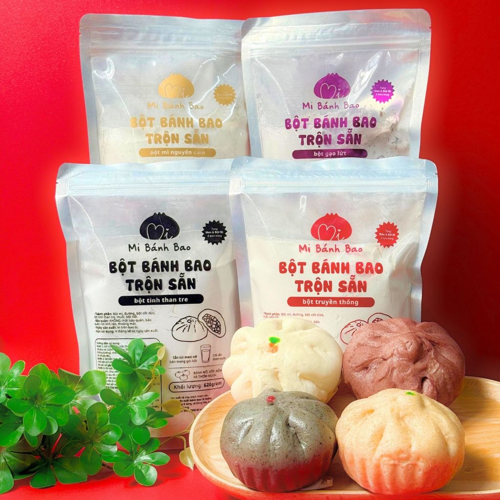  ĐỦ LOẠI Bột Bánh Bao pha sẵn Mi BánhBao Gạo lứt Nguyên Cám Than Tre  Tặng Men nở & giấy lót bánh  