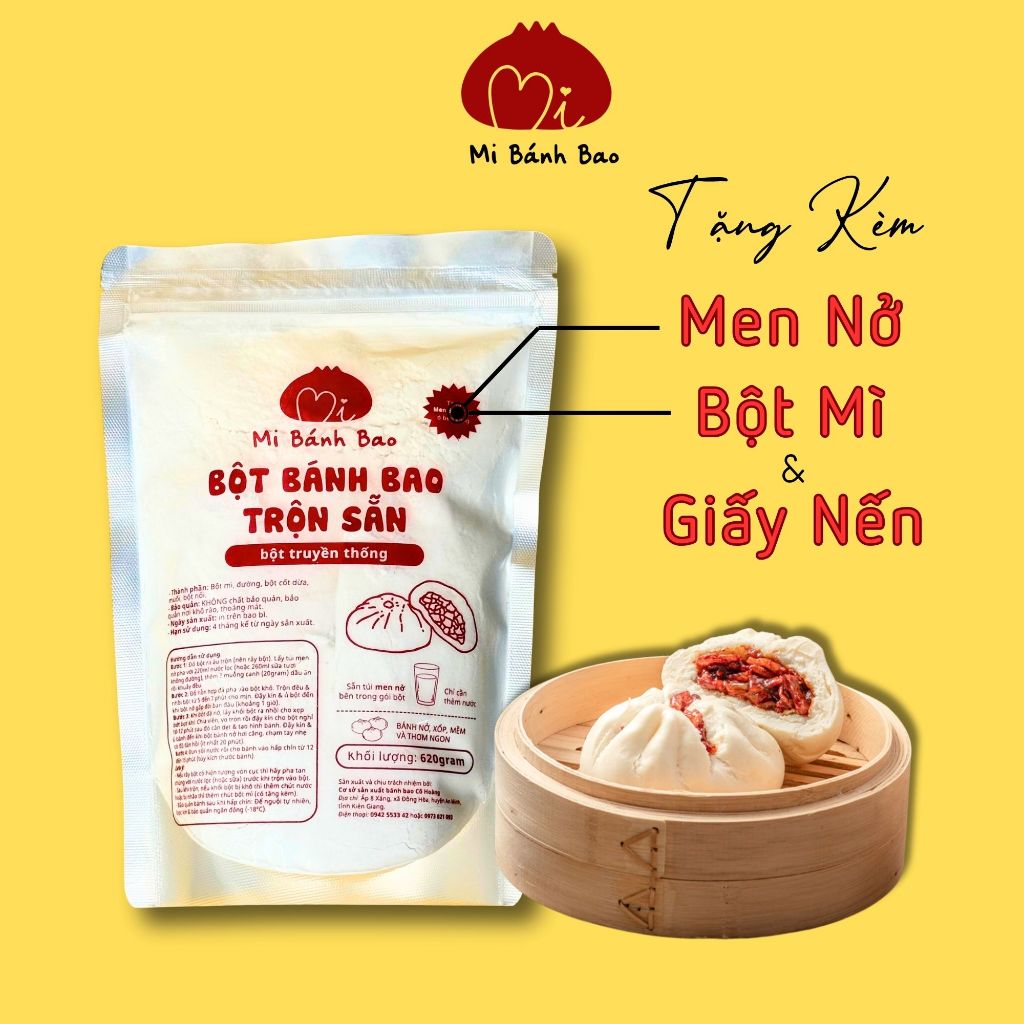 Bột Bánh Bao pha sẵn BỘT TRUYỀN THỐNG 620g (Tặng Men nở, bột thấm tay & giấy lót bánh), Truyền Thống