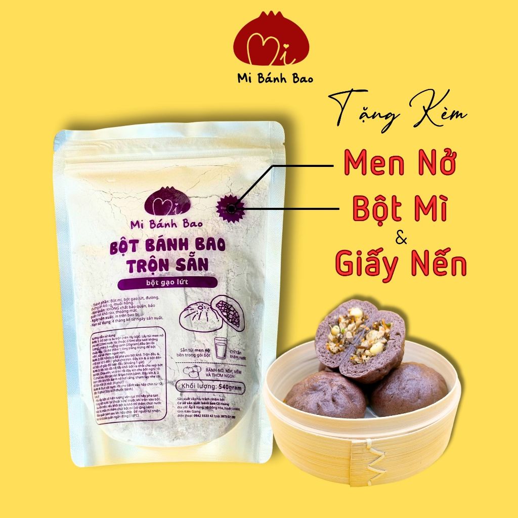 Bột Bánh Bao pha sẵn loại BỘT GẠO LỨT 540g (Tặng Men nở, bột thấm tay & giấy lót bánh), Gạo Lứt