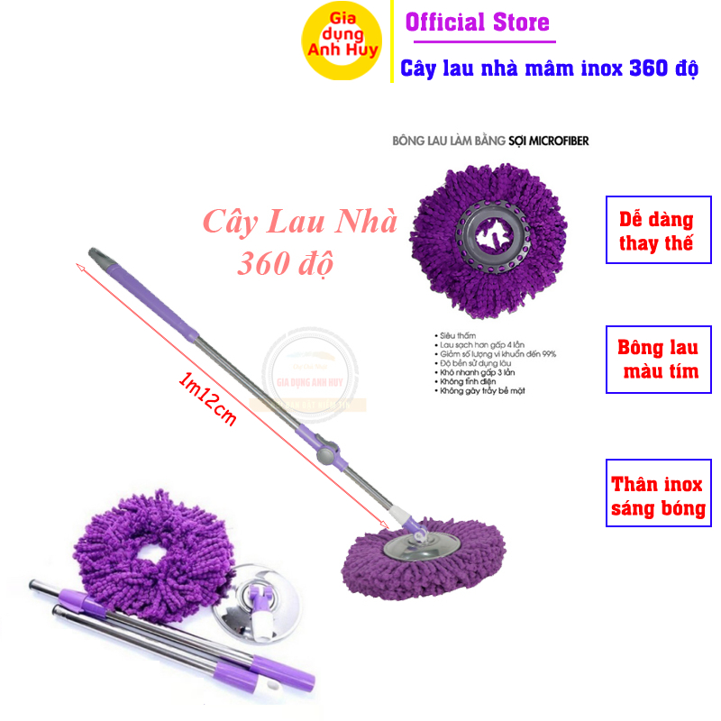 Chổi cây lau nhà 360 thân inox và mâm inox cao cấp kèm 1 bông lau - GDAH