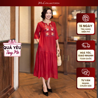 M COLLECTION | Váy Đầm Maxi Đuôi Cá Nữ Trung Niên Tặng Mẹ Tơ Lót Thun Thêu Hoa Tay Lỡ Cổ Trụ D13048 