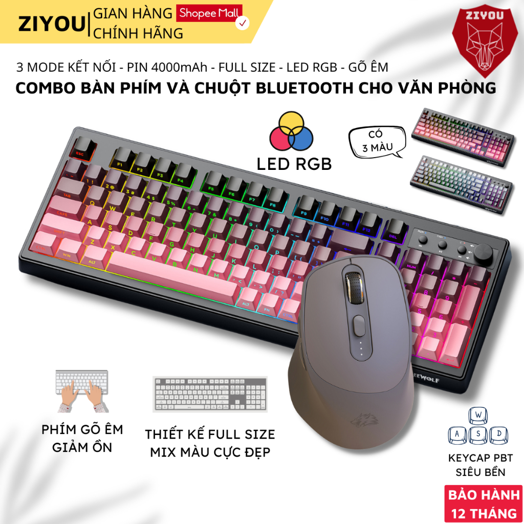Combo Bàn Phím Chuột Không Dây Ziyou Free Wolf K100 LED RGB 16.8 Triệu Màu, Pin Khủng 4.000mAh | BigBuy360 - bigbuy360.vn
