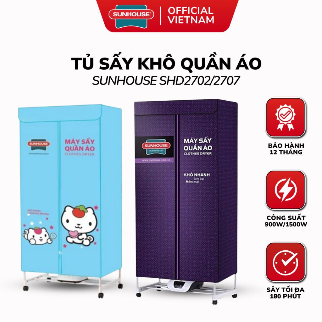  Tủ Sấy Khô Quần Áo SUNHOUSE SHD2707   SHD2702 - Hẹn Giờ 180 Phút Làm Khô Tại Chỗ Bảo Hành 12 Tháng 