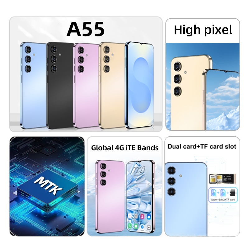Mới A55 6.8 inch Màn hình HD Android điện thoại di động đt 3G/4G/5G giá rẻ 8GB+256GB điện thoại rẻ c