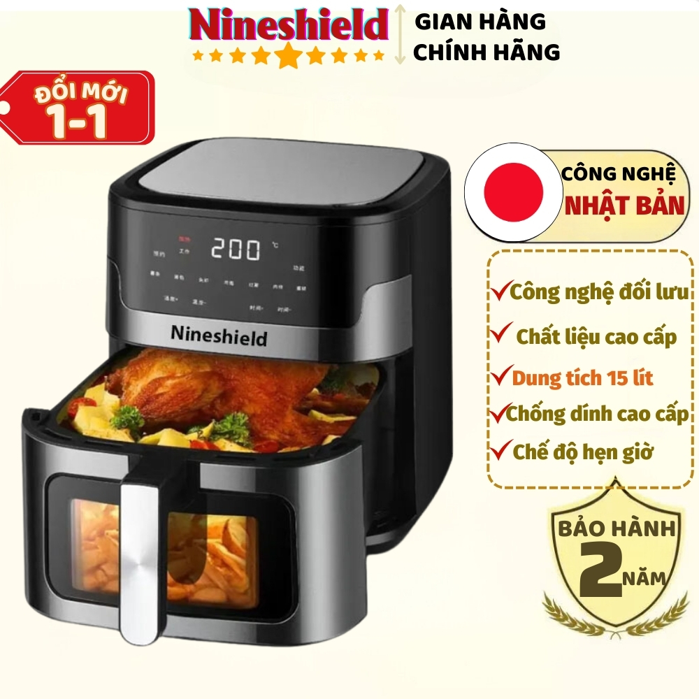 Nồi chiên không dầu Nineshield KB9001 bản điện tử dung tích 15L, chiên nướng 2 trong 1 với 8 chức năng nhập khẩu Nhật