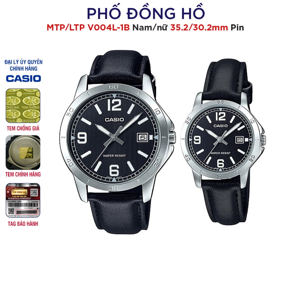 Đồng hồ đôi nam nữ dây da Casio Anh Khuê MTP/LTP V004L-1B