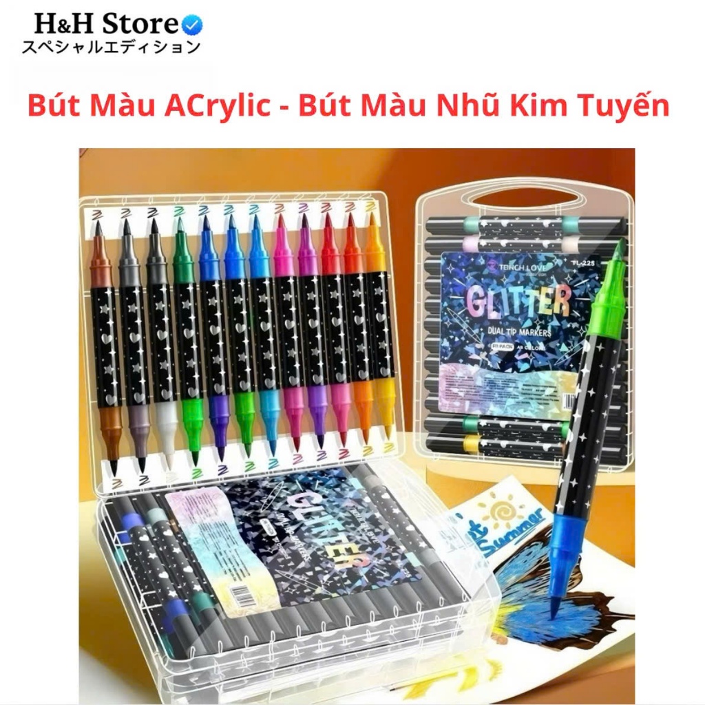 Bút Màu  Acrylic 24 / 48 / 72 / 96 , Bút Màu Nhũ Kim Tuyến 2 Đầu Lấp Lánh Siêu Đẹp Quà Tặng Cho Bé