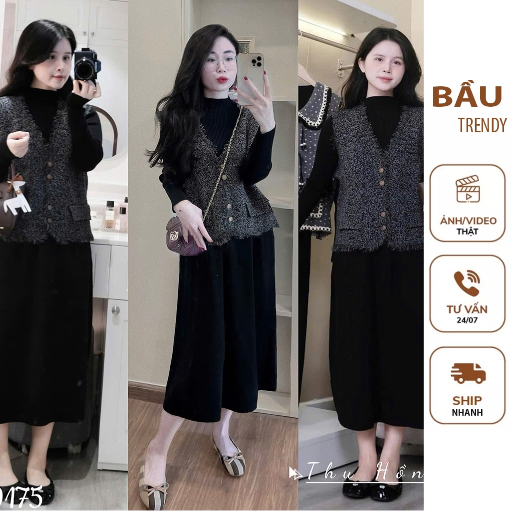Set đầm váy bầu len Quảng Châu X585 Áo gilee dạ cao cấp sang chảnh mặc đi làm đi chơi sang chảnh.