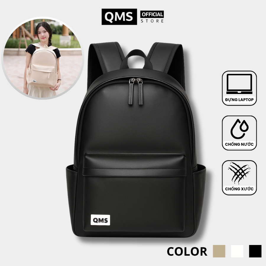 Balo Da, Cặp Da PU QMS Chống Nước, Nhiều Ngăn, Đựng Laptop Kiểu Dáng Basic - Qms Balo