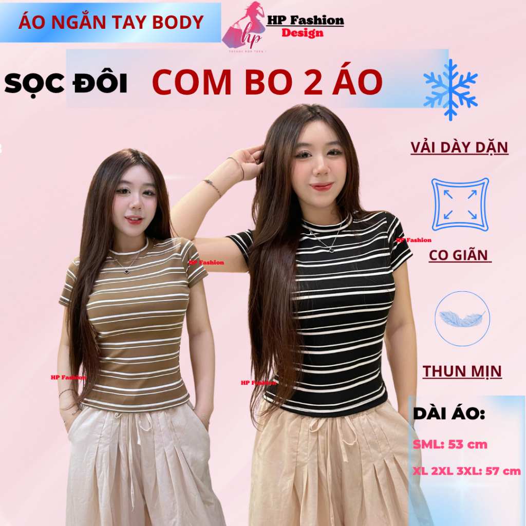 Áo thun sọc viền nữ chiết eo basic cổ tròn, áo phông nữ ôm body cộc ngắn tay HP52 | BigBuy360 - bigbuy360.vn