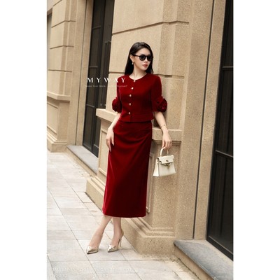 Set Vest Nữ Ngắn Tay Nhung Đỏ Tay Hoa Mix Chân Váy Dài Noble Rose  MY WAY Cao Cấp 3MVB1571 3MCAB218 Do1