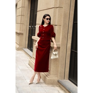  Set Vest Nữ Ngắn Tay Nhung Đỏ Tay Hoa Mix Chân Váy Dài Noble Rose  MY WAY Cao Cấp 3MVB1571 3MCAB218 Do1 