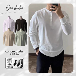  Áo Polo cổ tàu nam dài tay áo thun nam dài tay cổ tàu kiểu dáng Hàn Quốc vải cotton mềm co giãn 