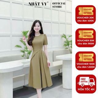  Đầm công sở Nhật Vy cổ tròn nhún eo cách điệu form dáng xòe chất lụa phù hợp đi chơi - D3524 