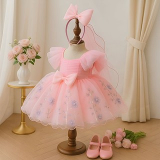   Tặng Bờm Lúp Cô Dâu  Váy Công Chúa Cao Cấp Hồng Cổ Vuông Cánh Tiên D5 Chân Lưới Hoa 4-15Kg,Váy Cho Bé Gái Sinh Nhật 