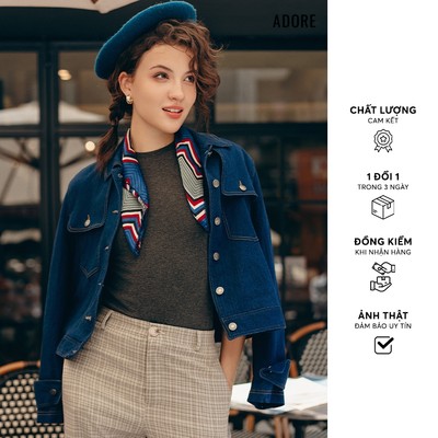 513JA2004 - Áo jacket ngắn denim xanh chàm túi ốp thân trước ADORE