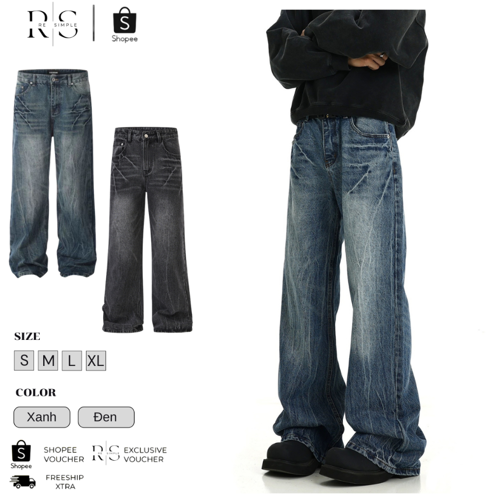 Quần Jean Ống Suông Nam ,Quần Bò Nam Ống Rộng Phong Cách Douyin Thiết Kế Tia Sét Cực Chất  J17