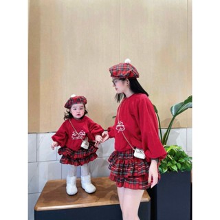   Hàng L1  Bộ đồ Noel bé gái Đồ bộ Thu Đông bé gái 3CT áo nỉ phối chân váy kẻ + tặng kèm mũ cho bé 8-20kg Babi Kids 