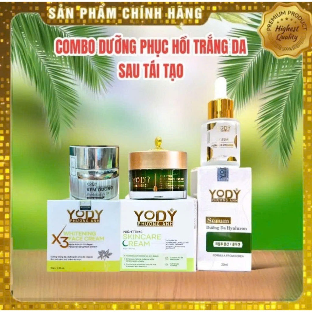 COMBO PHỤC HỒI TRẮNG DA 3X YODY PHƯƠNG ANH (Kem 3X + serum phục hồi xanh + Kem đêm Phương Anh)