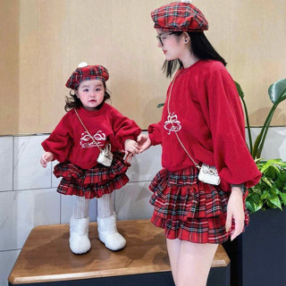   Hàng L1   Đồ Noel cho bé Set áo nỉ đỏ mix chân váy kẻ xếp ly phong cách tiểu thư tặng kèm mũ 10-24kg Tini Kids 