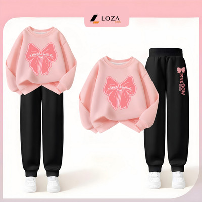 Bộ nỉ cho bé gái in hình nơ - size 18-42kg - Quần áo nỉ cho trẻ em Loza Kids BI475