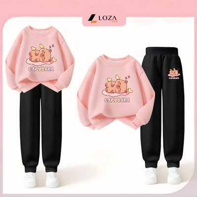 Bộ nỉ bé gái Capybara nằm ngủ - size 18-42kg - Đồ bộ thu đông dài tay cho bé chất nỉ nhung ấm áp Loza Kids BI476