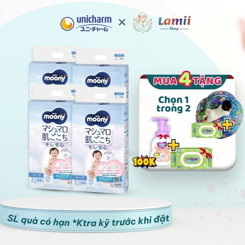 Combo 4 gói Tã dán/quần Moony xanh Moony Blue có cộng miếng