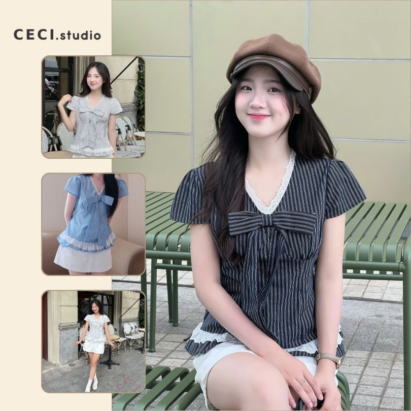 Áo Cổ Tim Nữ Ngắn Tay Phối Ren Cổ Buộc Nơ Xinh Xắn Chất Thô Boil Mềm Mát, Áo Kiểu Nữ Chiết Eo Dáng H