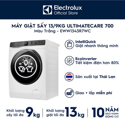 Free giao lắp -Máy giặt sấy Electrolux 13/9kg UltimateCare 700 - Trắng EWW1343R7WC, giặt đầy tải 45p, EcoInverter