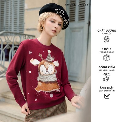 513SW1010 -  Áo nỉ đỏ đô in tuần lộc ADORE