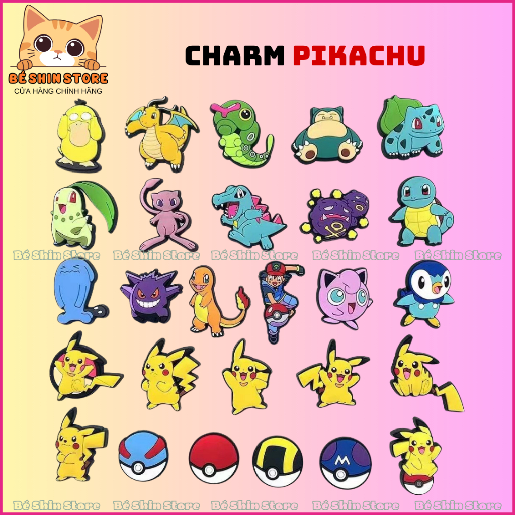 Combo 50 Charm/Sticker Gắn Giày Dép Chủ Đề Pikachu