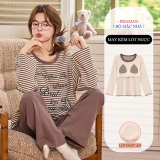  Set Đồ Nữ Pijama Dài Tay Kèm Mút Ngực Cao Cấp Họa Tiết Nữ Tính PM62 Đồ Mặc Nhà Thoải Mái Tiện Lợi 