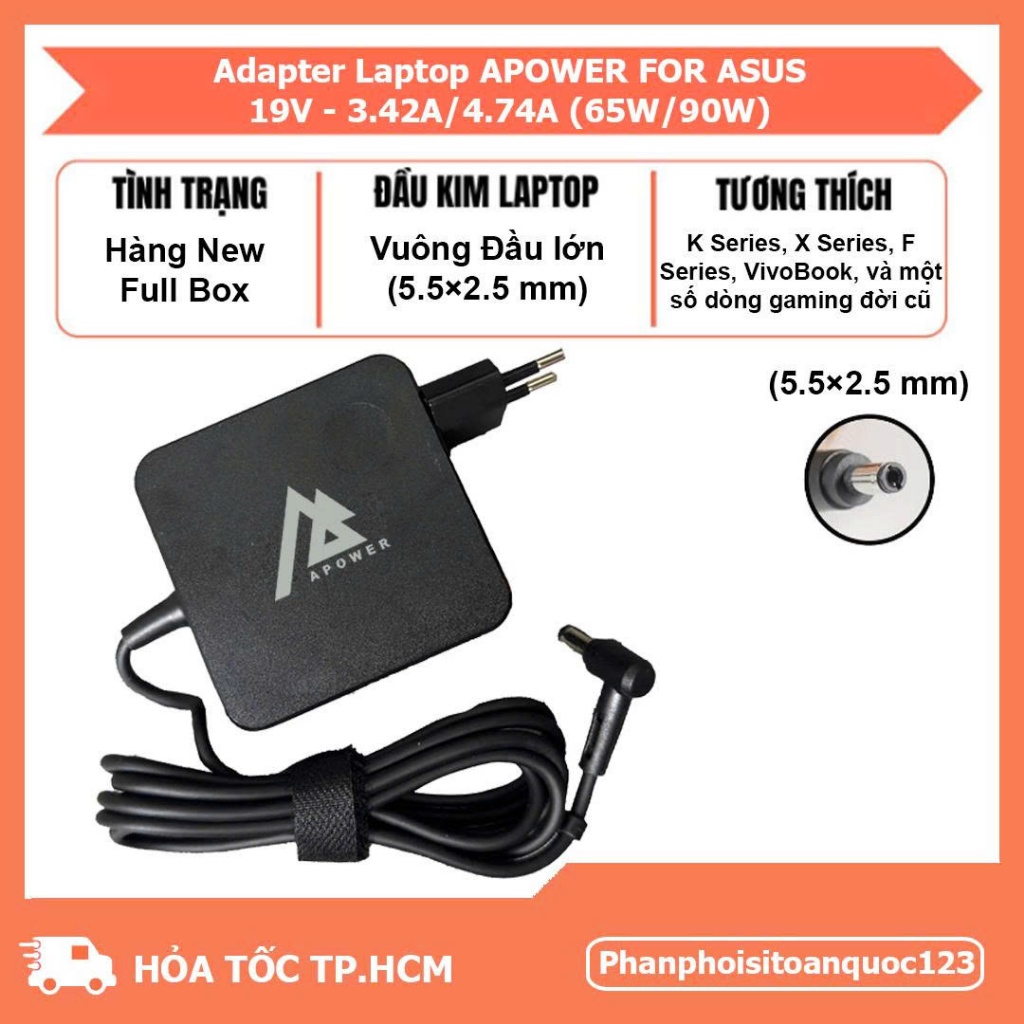 Sạc Laptop APOWER For ASUS 19V-3.42A/4.7A(Đầu Kim Lớn 5.5mmx2.5mm) – Adapter Tương Thích Laptop ASUS