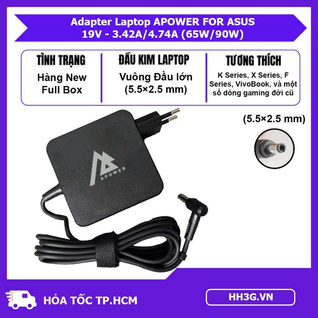 Sạc Laptop APOWER For ASUS 19V-3.42A/4.7A(Đầu Kim Lớn 5.5mmx2.5mm) – Adapter Tương Thích Laptop ASUS